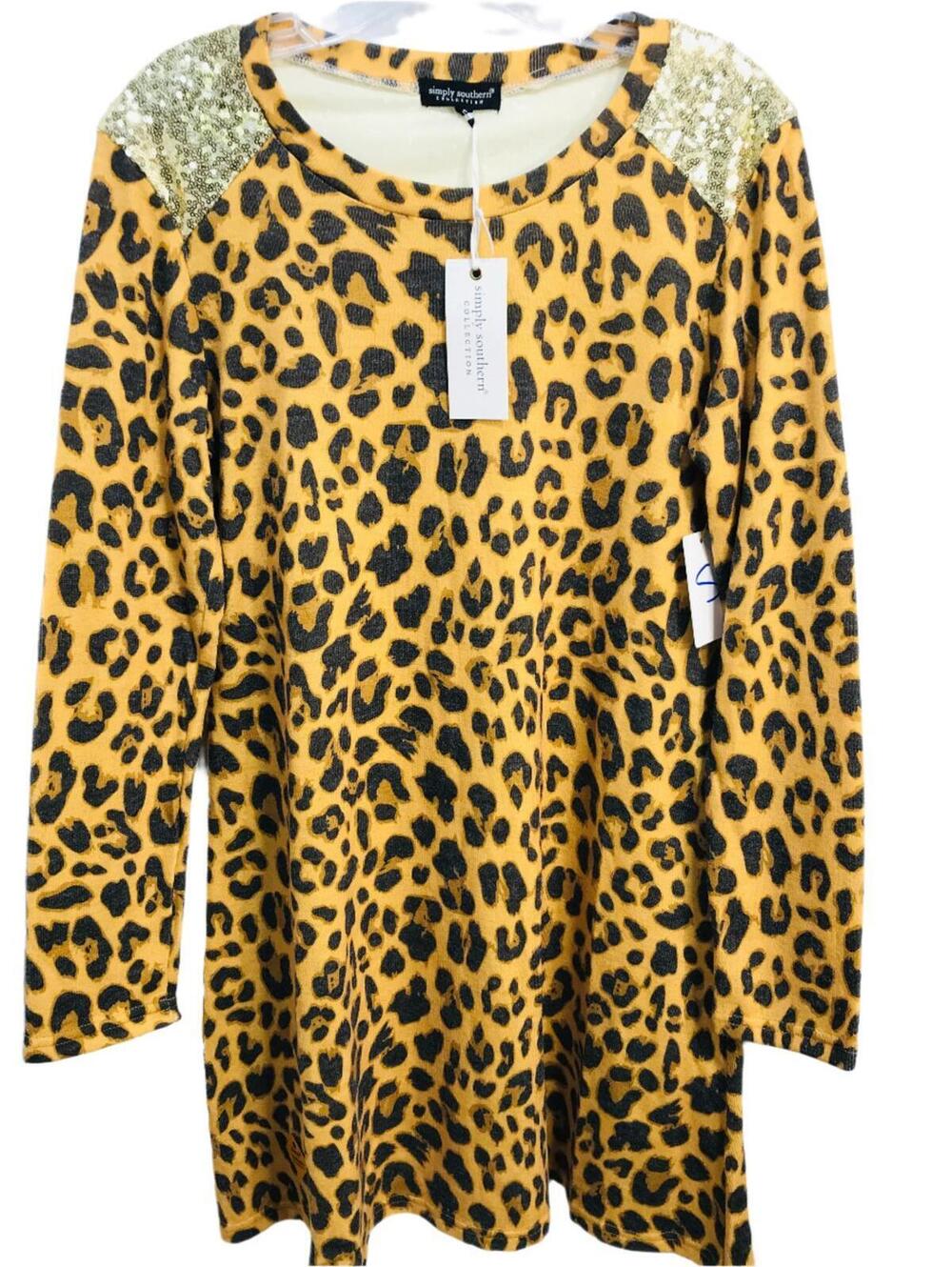 Simply Southern Leopard Print Dress with Sequin Shoulder Accents Ladies S NWT